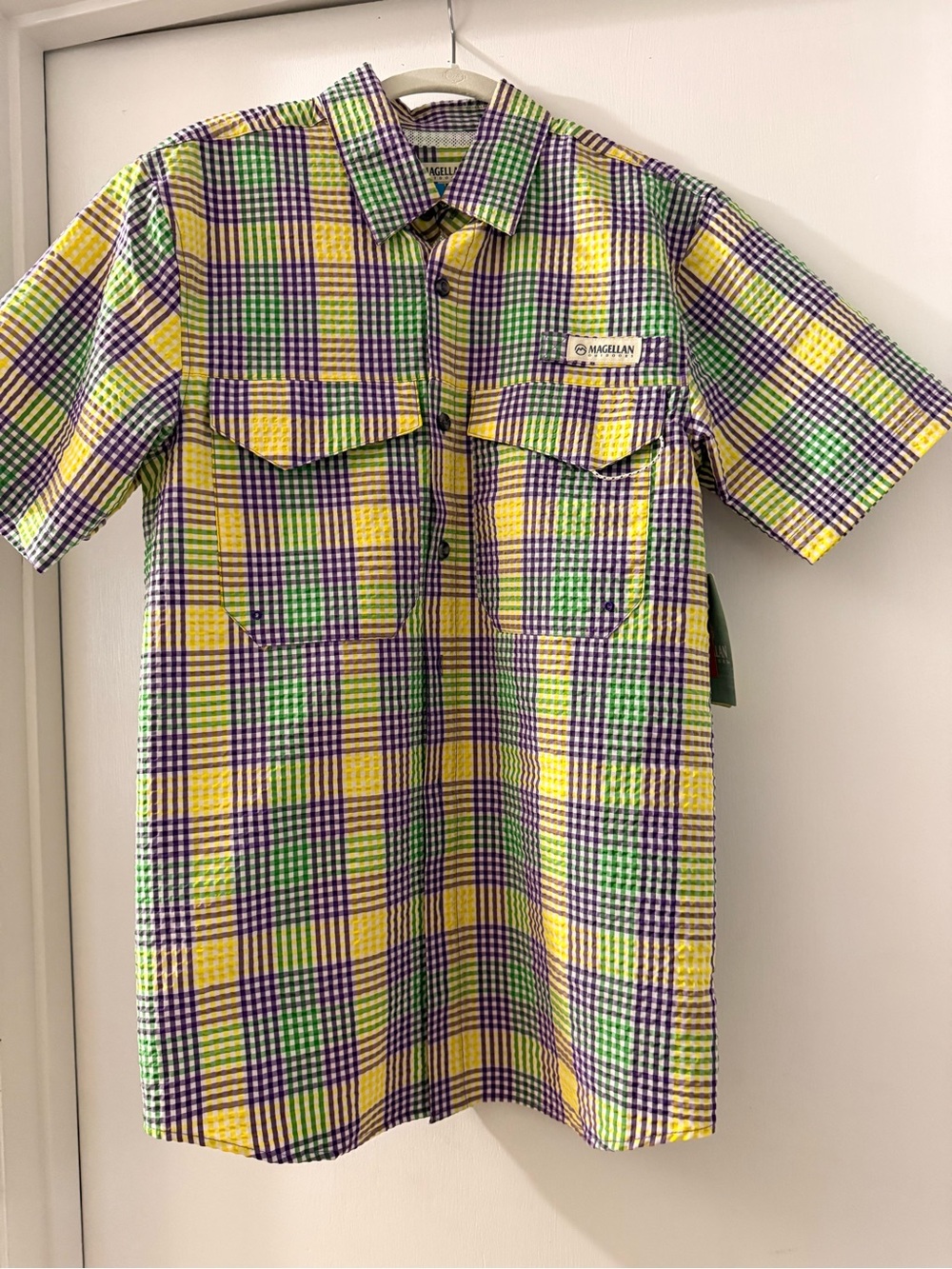 Magellan Outdoors Short-Sleeve Plaid Button-Down in Yellow, Green & Purple
